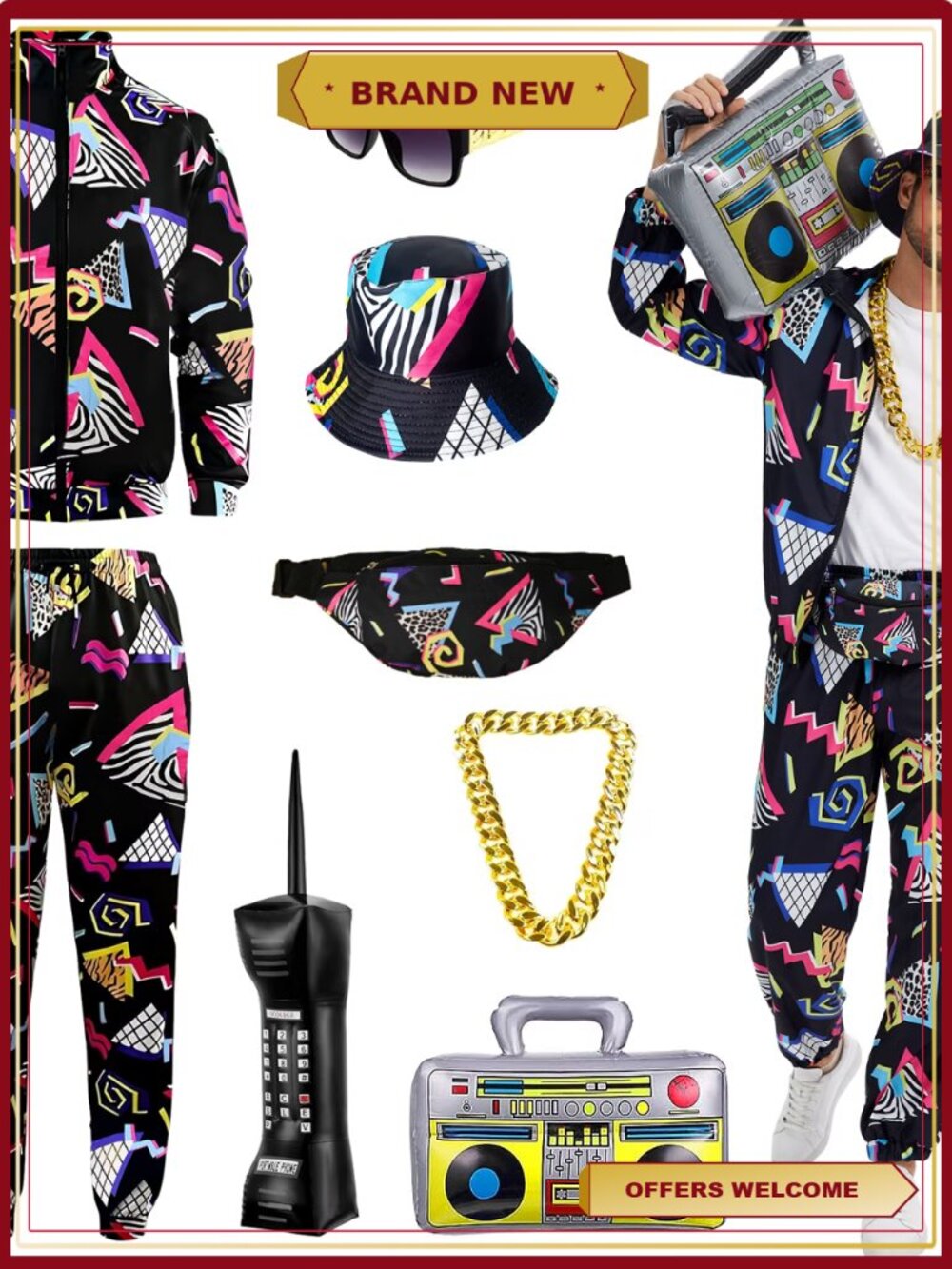 80s 90s Men's Windbreaker Costume 8 Piece Set Hip Hop Disco Party Sportswear